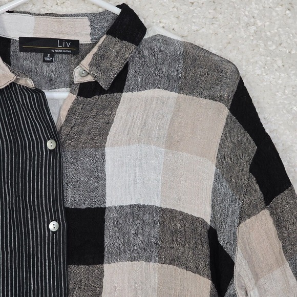 Liv by Habitat Yin Yang Linen Button-Up Shirt Womens Small Neutral Block Stripe - Picture 3 of 12